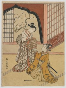 有鸟笼的恋人，江户时代，c.1766-67（彩色木版画） 作者 铃木春信