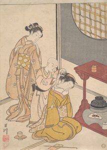 双层货架上的夜雨，c.1766（木版画） 作者 铃木春信