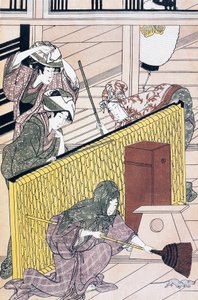 仆人在屋内追赶老鼠，铃木春信（1725-1770）的浮世绘艺术版画，木刻，日本文明，江户时代 作者 铃木春信