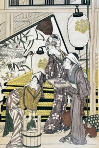 仆人在家中劳作，铃木春信（1725-1770）的浮世绘艺术版画，木刻，日本文明，江户时代 作者 铃木春信