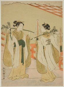 在汤岛天神神社跳舞的神社少女大南和大夏 作者 铃木春信