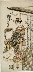 1764 年正月在市村剧场上演的话剧《平贺清水》中饰演宫女梅前的演员濑川菊之条二世。 作者 铃木春信