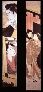 指派》。门前的两个恋人，约1768年（彩色木版画 作者 铃木春信
