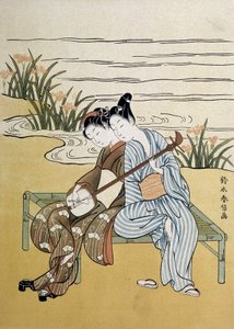 三味线：一对夫妇在弹奏三味线（或三味线：三根弦的长袖琵琶）--Harunobou的作品，载于《日本艺术精品》，1890年7月 作者 铃木春信
