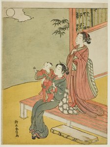 两个女人和一个孩子看满月 作者 铃木春信