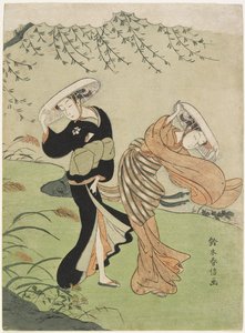 高风中的两个女人，c。 1767 作者 铃木春信