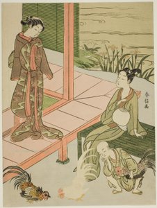 在阳台边看斗鸡 作者 铃木春信