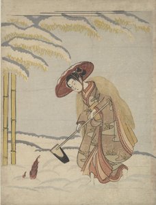 在雪地里挖竹笋的女人，或模仿孟宗摩梭，来自《二十世纪》，约1765年。 作者 铃木春信