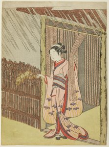 雨中手持棣棠花花枝的女子（模仿太田独蒜） 作者 铃木春信
