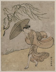 1766或1767年，微风中的柳树奔跑的女人。 作者 铃木春信