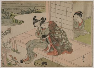 观看年轻夫妇的妇女在游廊，1760s后期拥抱。 作者 铃木春信