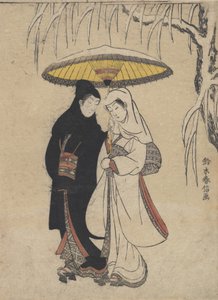 年轻的恋人在暴风雪中的伞下漫步 乌鸦和苍鹭，约......，约1769年。 作者 铃木春信