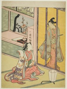 青年男女隔着竹帘交谈 作者 铃木春信