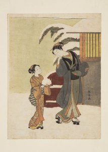 欣赏雪兔的年轻女子（彩色木版画） 作者 铃木春信