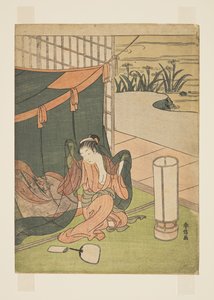 蚊帐中的年轻女子（彩色木版画） 作者 铃木春信