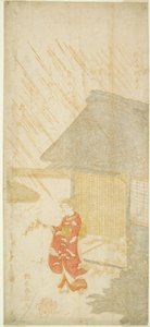 手持棣棠树枝的年轻女子（模仿太田独干） 作者 铃木春信