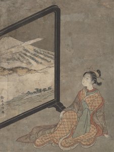 手持烟斗的年轻女子注视着画在屏幕上的风景。 作者 铃木春信