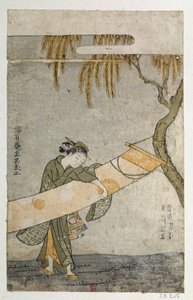 年轻女子在照料附着在树上的柿子。铃木春信（1725-1770）的日本版画。 作者 铃木春信
