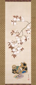 樱桃和狗形盒子（绢本水墨、彩色和金色） 作者 铃木纪津