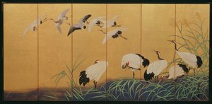 六重屏幕描绘芦苇和起重机，江户时代，日本，19世纪（镀金丝绸上的颜色）