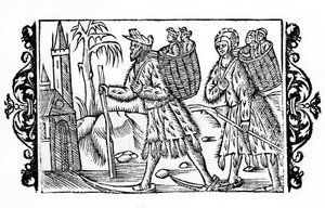 两个芬兰人在滑雪--在瑞典大主教Olaus Magnus的《De Gentibus Septrionalibus》中。 作者 瑞典学校