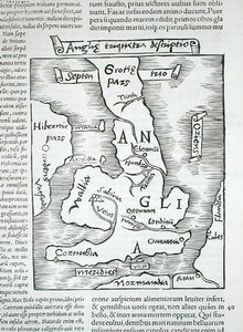 不列颠群岛，摘自凯厄斯-朱利叶斯-索利努斯的 "Polyhistor, rerum toto orbe memorabilium..."，1543年巴塞尔出版（木刻）。 作者 瑞士学校