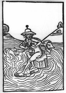 The legend of Saint Brendan (Brandan), heros and Irish saint of the 6th century: The encounter with Judas suffering from many torments. Engraving of “” Die Wunderbare Meerfahrt des Hl. Brandan.” Bale 作者 瑞士学校