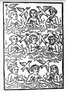 The legend of Saint Brendan (Brandan), heros and Irish saint of the 6th century: The fires of Purgatory and the firebirds. Engraving of “” Die Wunderbare Meerfahrt des Hl. Brandan.” Bale 作者 瑞士学校