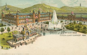 1895年在瑞士温特图尔举行的射击节（彩色平印）。 作者 瑞士学校