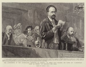 伦敦记者研究所会议，M Emile Zola在林肯的旅馆大厅阅读他关于L&39;Anonymant dans la Presse的论文 作者 悉尼先验厅