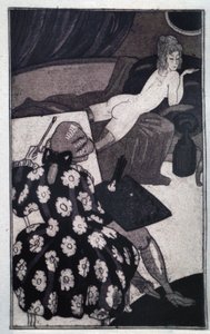 色情：贾科莫·卡萨诺瓦（Giacomo Casanova，1725-1798）描绘他的细长情妇慵懒地赤身裸体地躺在沙发上（蚀刻）