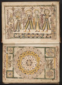 MS Hunter 40 f.2r，描绘艾希卡尔、柏拉图、盖伦和亚里士多德的封面插图，以及伊本-贾兹拉的 "身体治疗安排"（纸张上的钢笔、墨水和水彩）的对页。