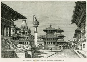 帕坦（今拉利特普尔）皇宫所在地。泰勒为故事《尼泊尔之旅》绘制的版画，作者是古斯塔夫-勒庞博士（1841-1931年），载于1886年的《世界之旅》，由爱德华-查顿（1807-1890年）导演，巴黎哈切特出版社。