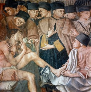 照顾医院里的病人，护士为佩兰的伤口洗脚 "细节。壁画：塔德奥-迪-巴托洛（1363-1422） 14世纪 锡耶纳，圣玛丽亚-德拉-斯卡拉修道院 作者 Taddeo di Bartolo