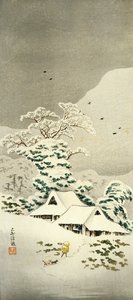 上州区泽渡的雪景，约1930年，由高桥正平（1871-1945）创作，大田尺形木刻，38.1 x 17.1厘米，日本文明，明治-昭和时期 作者 高桥书亭