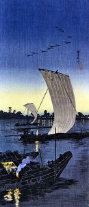 关山渡的晚船（彩色木版画）