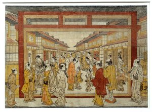 中野町的透视图。 田中正信的日本版画，活跃于 1741 年至 1748 年之间，浮世绘风格。 巴黎，吉美博物馆 作者 田中正信