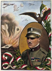 关于在 1918 年战斗中阵亡的意大利空军少校弗朗西斯科·巴拉卡 (1888-1918) 英雄的寓言。由 Tancredi Scarpelli 绘制。 米兰人。 作者 坦克雷迪·斯卡佩利