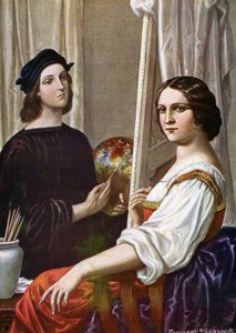 画家拉斐尔（Raffaello Sanzio，1483 - 1520 年）画的 Fornarina 肖像（意大利画家拉斐尔和被称为 Fornarina 的年轻女士），插图作者：Tancredi Scarpelli（1866-1937 年），选自保罗-朱迪著《意大利史》（Storia d