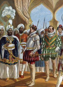 Portuguese navigator Pedro Alvares Cabral (1460-1526) at the court of the king (Zamorin) of Calicut (Kozhikode) on 13/09/1500 to negociate the establishment of a counter, India (portughese navigator Pedro Alvares Cabral negociating with the Zamorin in Cali 作者 坦克雷迪·斯卡佩利