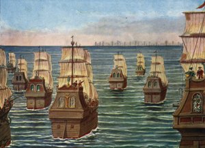 坎纳诺海战于 1506 年 3 月在印度坎纳诺尔港附近发生，双方为卡利卡特萨莫林的印度舰队和阿尔梅达总督之子洛伦科·德·阿尔梅达领导的葡萄牙舰队）坦克雷迪·斯卡佩利在《》中的插图 作者 坦克雷迪·斯卡佩利