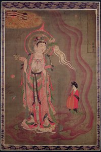 一位菩萨带领一位女士来到净土，c.851-900（丝绸上的墨水和颜色）