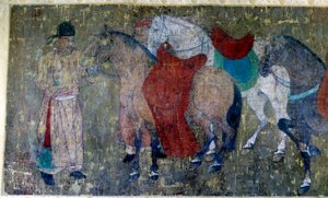 中国艺术：“两个厩马驾四匹马”” 唐玄宗（公元 712-756 年）宫廷画家韩侃的帛书残片细节。 唐期。 暗淡。 50x141 厘米巴黎博物馆塞努斯基 作者 唐代中文学校