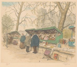 蒙特贝罗码头上的书摊，背景是巴黎圣母院 作者 Tavík František Šimon（艺术家签名）