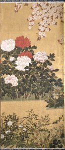 花朵和蝴蝶（纸张上的墨水、色彩和金箔） 作者 田原谷宗达