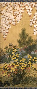 花朵和蝴蝶（纸张上的墨水、色彩和金箔）