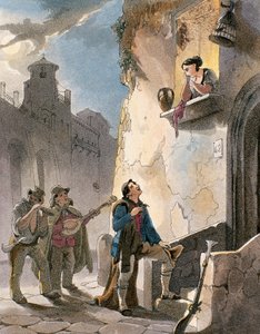 《小夜曲》，阿奇尔·维亚内利 (Achille Vianelli) 创作的那不勒斯服装和流行场景插图，c.1830（凹版画） 作者 特奥多罗·古列尔莫·维特