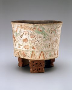 550-650年，在Xolalpan晚期的可可树中的三脚花瓶和两只鼓手和格查尔鸟（陶器涂有粉刷灰泥） 作者 特奥蒂瓦坎特奥蒂瓦坎