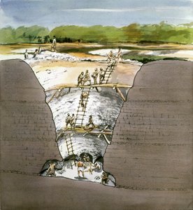 诺福克郡新石器时代燧石矿格雷姆墓的剖面图，1987年。  