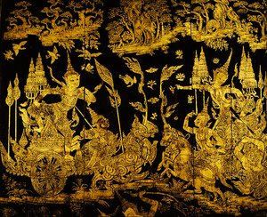 拉玛基恩的插曲，屏风的细节（金和漆）。 作者 泰国学校